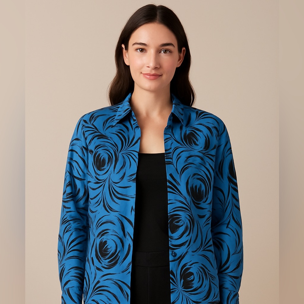Wrinkle Free Classic Shirt 16 W Cotton Blue Black Floral Print New No Tags - Picture 5 of 9